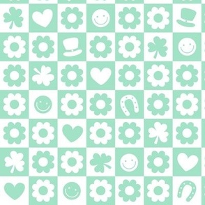 Groovy retro st Patrick's Day checker - nineties trend flower power shamrock and love irish folk design mint white
