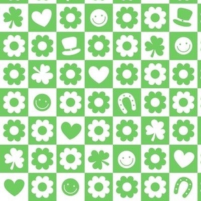Groovy retro st Patrick's Day checker - nineties trend flower power shamrock and love irish folk design apple green white