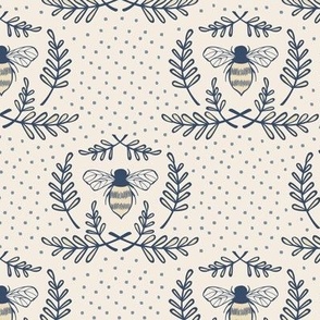 Garden Bee Damask | Blue and Ivory | Cottage Garden