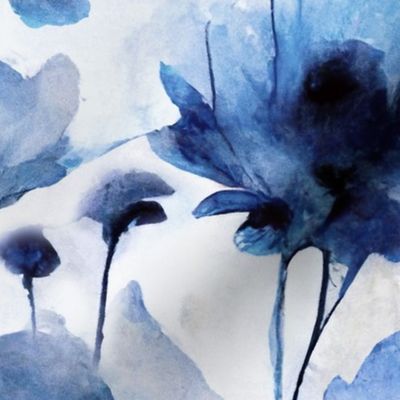 Wild Poppy Flower Loose Abstract Watercolor Floral Pattern Indigo Blue