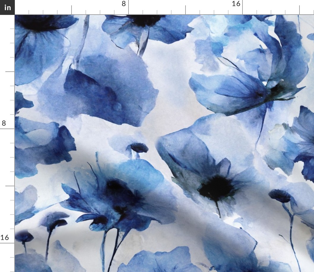 Wild Poppy Flower Loose Abstract Watercolor Floral Pattern Indigo Blue