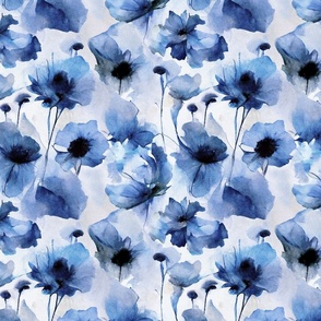 Wild Poppy Flower Loose Abstract Watercolor Floral Pattern Indigo Blue Smaller Scale