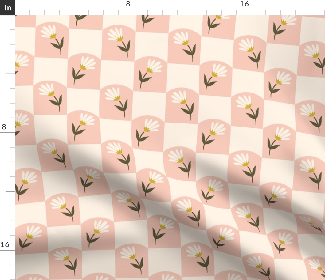 Reaching Daisies {Chilean Pink and Cream} Daisy Flowers on Arched Checker Board, Large 2" Checks