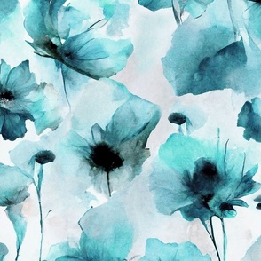 Wild Poppy Flower Loose Abstract Watercolor Floral Pattern Turquoise