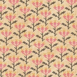 Cross Stitch Flowers - 6" medium - pink, black, and marigold on golden linen