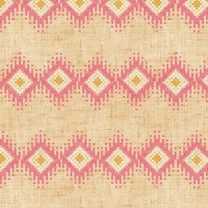 Cross Stitch Ikat Stripe - 6" medium - pink, white, and marigold on golden linen