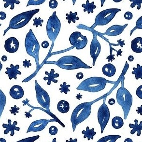 upd! - medium - Blueberry berries, leaves and blooms - Prussian blue on white