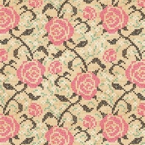 Cross Stitch Roses - 6" medium - pink, black, and teal on golden linen 