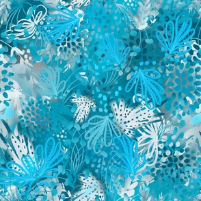 Dopamine dressed abstract whimsical botanical, ocean blue hues