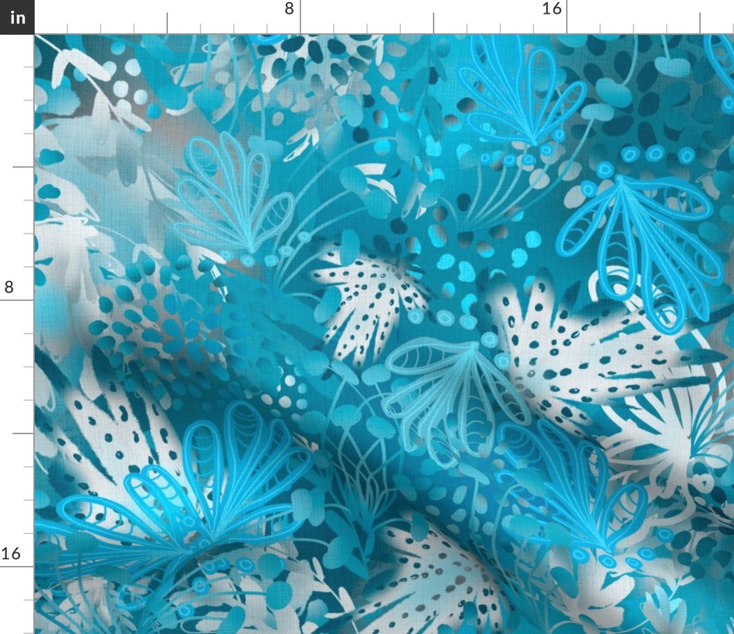 Dopamine dressed abstract whimsical botanical, ocean blue hues