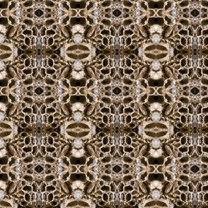 Coral filigree lace effect, kaleidoscope mirrored neutrals on dark background 3” repeat