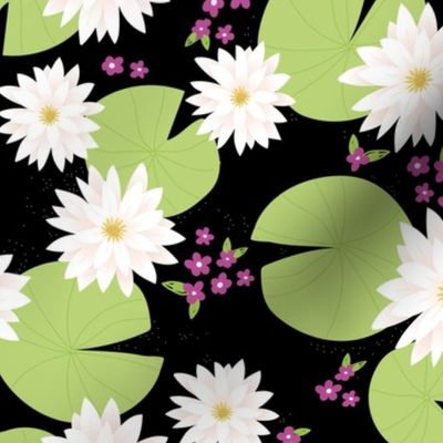 Romantic lily pond and summer flowers colorful blossom and leaves hawaii theme fuchsia white mint green