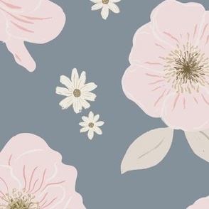Anastasia Pink Floral White Daisies on Blue _ LARGE Scale 
