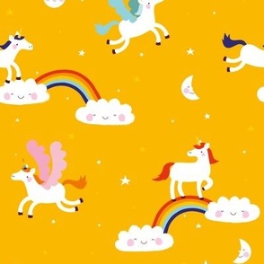 unicorn rainbow clouds yellow sky