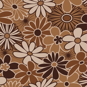 Retro Funky Flowers in Earth Tones // Spoonflower Colors: Sand, Santa Fe, Saddle, Dark Oak // V2 // Large Scale - 150 DPI