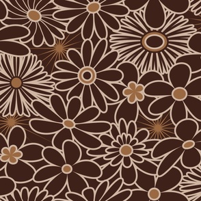 Retro Funky Flowers in Earth Tones // Spoonflower Colors: Sand, Santa Fe, Saddle, Dark Oak // V4 // Large Scale - 150 DPI