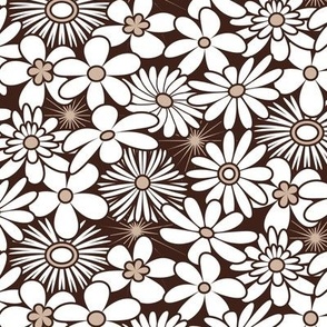 Retro Funky Flowers in Earth Tones and White // V1 // Small Scale - 600 DPI