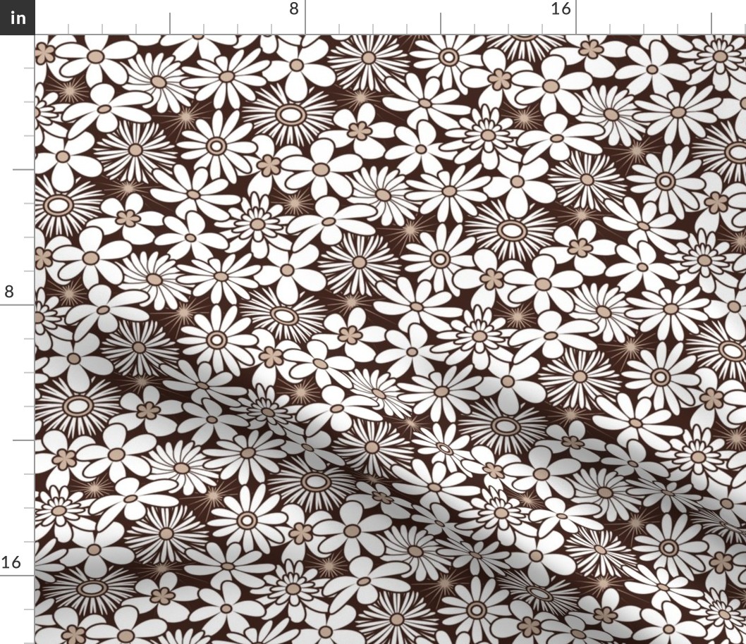 Retro Funky Flowers in Earth Tones and White // V1 // Small Scale - 600 DPI