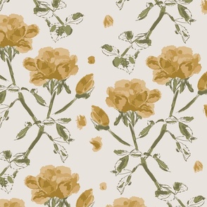 (L) Roses Rosebuds Petals in Gold Yellow on Light Cream | Large Scale