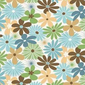 Retro Floral // Soft Turquoise and Ocean Blues, Light Cream, Green, Gold and Dark Brown // V3 // 300 DPI