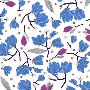 Berry Blue Magnolia Pattern with Silver Accents