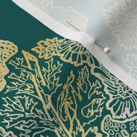 Golden Moss and Lichen Damask on Verdigris