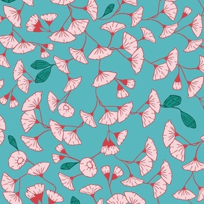 Pink eucalyptus flowers on teal, large scale
