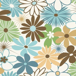 Retro Floral // Soft Turquoise and Ocean Blues, Light Cream, Green, Gold and Dark Brown // V6 // JUMBO Scale- 150 DPI