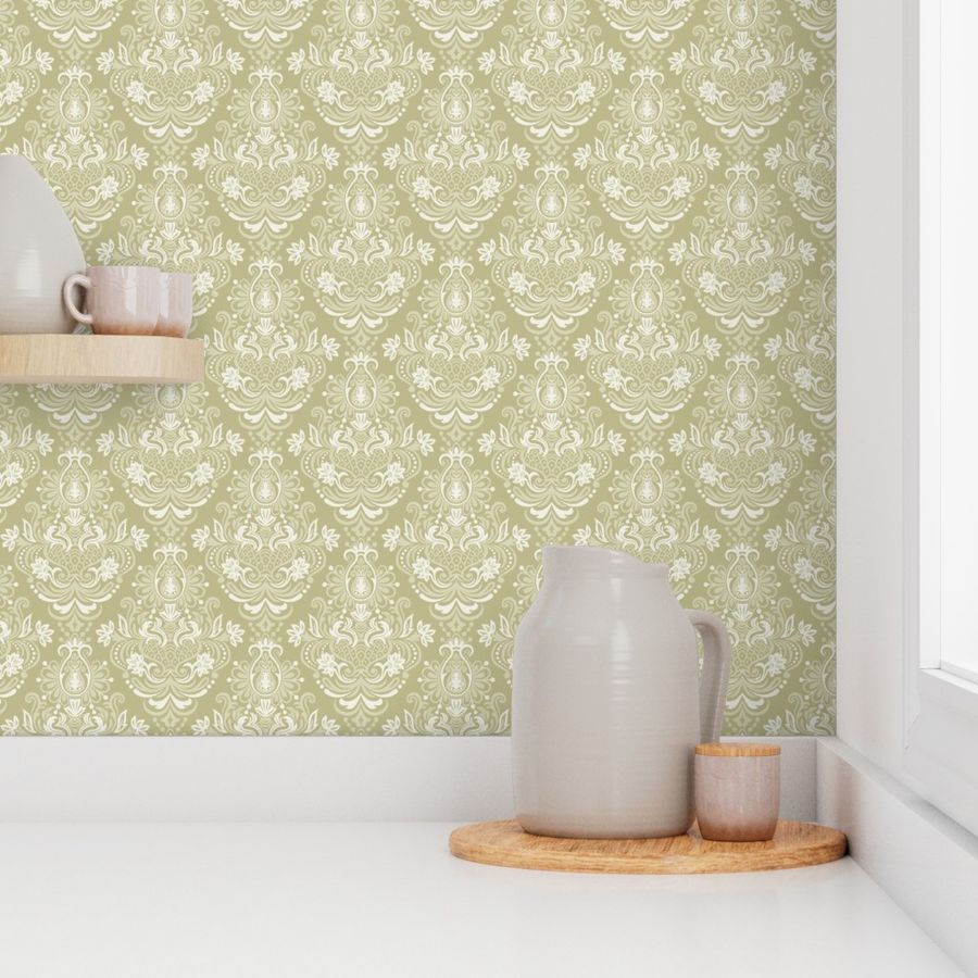 Rococo Floral Damask in Dark Sage Green Wallpaper | Spoonflower