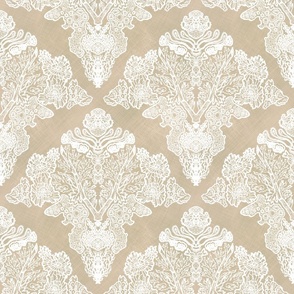 White Moss and Lichen Damask on Natural Linen