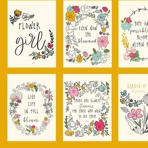 hand drawn flowers yellow panel art hand-lettered quotes Bloom True fabric by Terri-Conrad-Designs