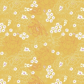 Cottage Core mustard yellow white line art florals Bloom True Fabric by Terri Conrad Designs