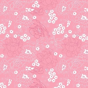 Cottage core flowers pink white line art floral Bloom True Fabric by Terri Conrad Designs