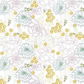 white pink yellow line art florals Bloom True Fabric cottage core flowers Terri Conrad Designs