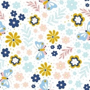 Medium Scale Dainty Spring Butterfly Floral on White