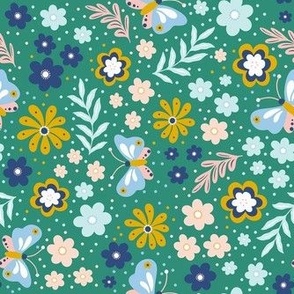 Medium Scale Dainty Spring Butterfly Floral on Green