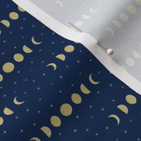 Moon Phases in gold against a navy blue background TINY Scale
