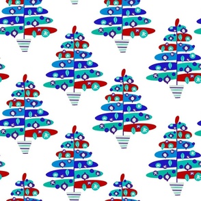 Mid Century Modern Christmas Tree - Red and Blue on White 