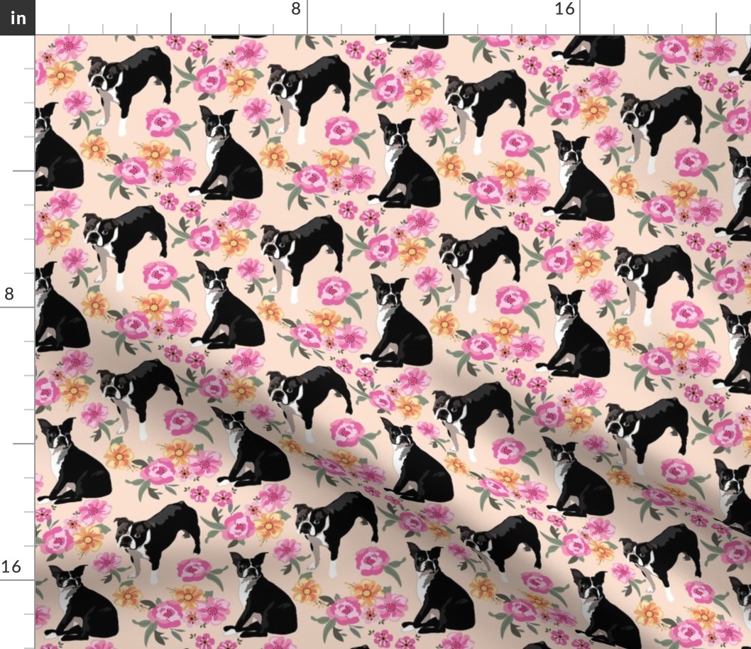 small print // Boston Terrier dogs Pink and Peach flowers 