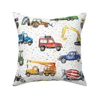 watercolor cars and trucks with dot pattern: excavator, backhoe, dump truck, concrete mixer, loader, tractor, monster truck, racing car, garbage truck, jeep car, motorbike