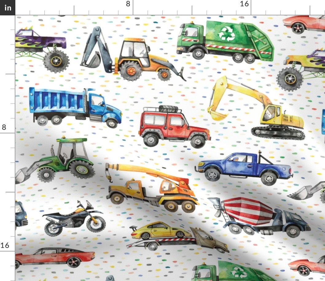 watercolor cars and trucks with dot pattern: excavator, backhoe, dump truck, concrete mixer, loader, tractor, monster truck, racing car, garbage truck, jeep car, motorbike