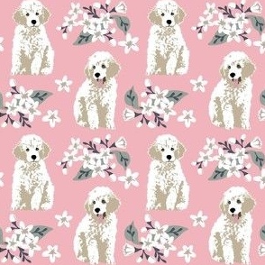 Pink Poodle dog puppy small white flowers Floral  