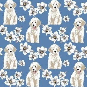 Cute Poodle Puppy dogs small print white magnolia flowers floral dog fabric 