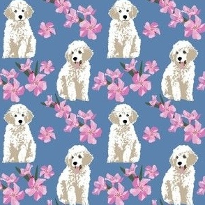 Pink Poodle Puppy Oleander flowers floral blue denim blue dog fabric