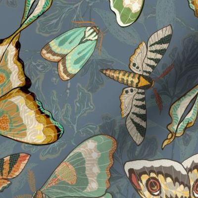 Butterflies and Moths on a gray-blue background, larger scale