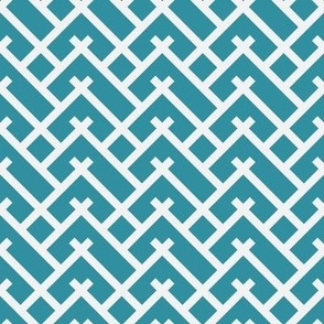 592 - Large scale Swiss Watch coordinate in turquoise and pale aqua with criss cross lattice trellis style pattern for home decor, apparel, crafts, tote bags and table linen