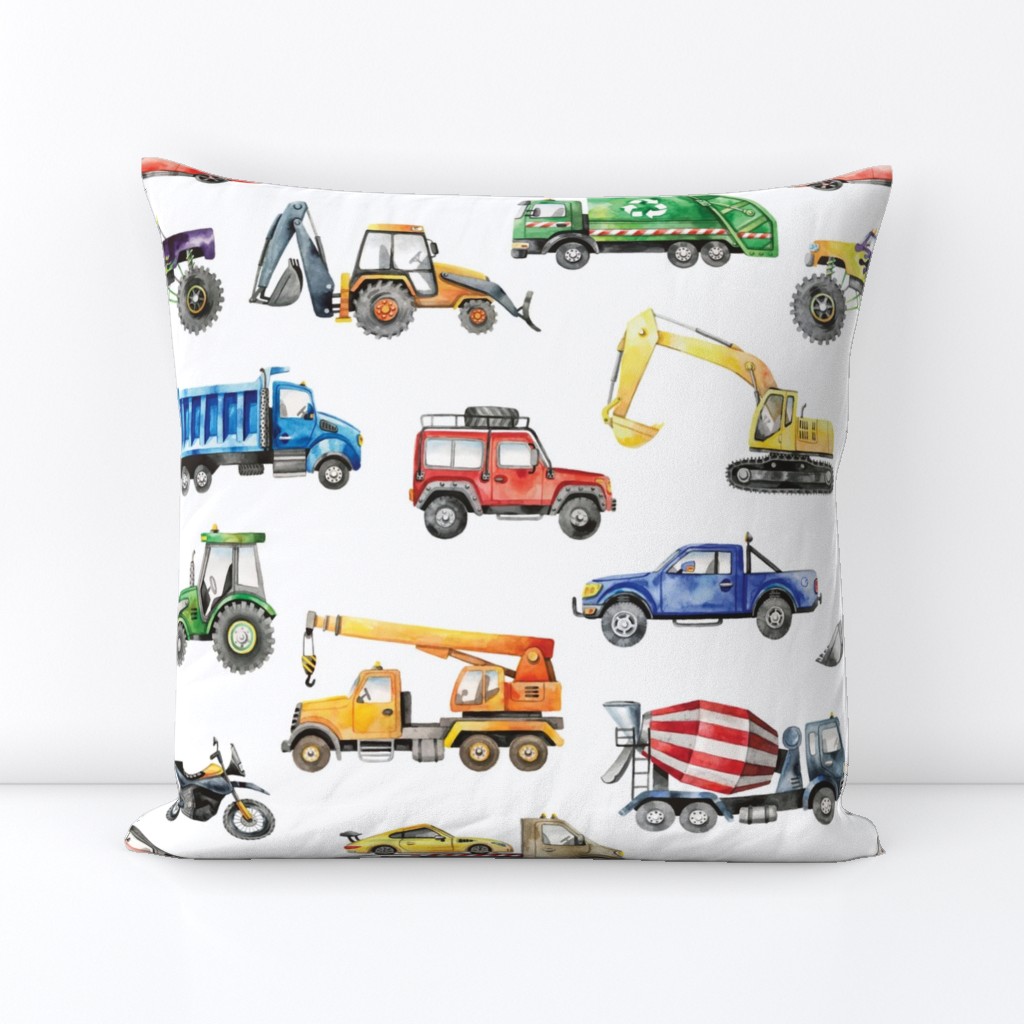 watercolor cars and trucks pattern white background: excavator, backhoe, dump truck, concrete mixer, loader, tractor, monster truck, racing car, garbage truck, jeep car, motorbike