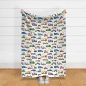 watercolor cars and trucks pattern white background: excavator, backhoe, dump truck, concrete mixer, loader, tractor, monster truck, racing car, garbage truck, jeep car, motorbike