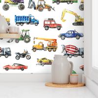 watercolor cars and trucks pattern white background: excavator, backhoe, dump truck, concrete mixer, loader, tractor, monster truck, racing car, garbage truck, jeep car, motorbike