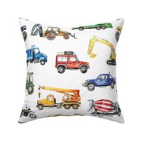 watercolor cars and trucks pattern white background: excavator, backhoe, dump truck, concrete mixer, loader, tractor, monster truck, racing car, garbage truck, jeep car, motorbike